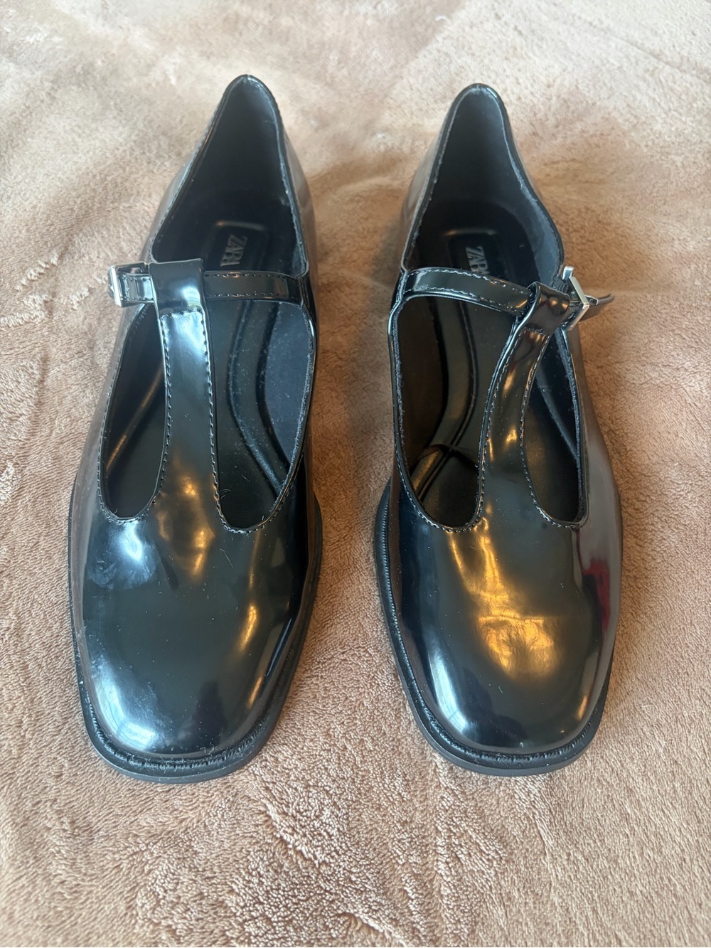 Zara Black Patent T-Strap Flats